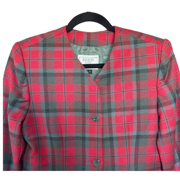 Bankers Club Blazer Womens Size 4 Petites Red Gray Plaid Checks Long‎ Sleeves - Picture 6 of 9